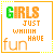 Six animated frames of a pixelated text-based buddy icon showing variations in spelling and color for the phrase "GIRLS JUST WANNA HAVE fun" arranged in a 3x2 contact sheet with orange borders.