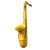 Golden saxophone icon rotates through multiple angles against white background, showing bell, keys, and curved neck from various perspectives.