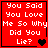 Red square icon with white pixelated text reading 'You Said You Love Me So Why Did You Lie?' and changing heart symbols across four