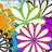 Colorful floral pattern with green, white, orange, purple, and blue elements arranged in a repeating