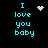 Pixelated cyan text "I love you baby" on black background with four distinct animated symbols: a pink heart, white starburst, white dot cluster, and white spiral.