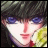 Pixelated anime-style character with dark hair and blue eyes, holding a yellow object near their face, next to stylized text on a black background.