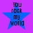 Blue star with black text "You rock my world" on purple background, four identical static frames.