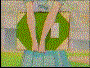 Animated sequence of a character with teal hair in a sailor-style uniform, showing leg movement and facial expressions against a green circular background.
