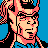 Pixelated 48x48 static icon of a character with light skin, pink hair tied in a ponytail, wearing black and blue clothing against a solid blue background.