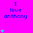 A bright pink background displays repeated text "I love anthony" in blue pixelated font with cyan heart symbols appearing and disappearing around the text.
