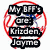 Four distinct buddy icon display text about personal relationships with names Krizden, Jayme, and Mackenzie against varied backgrounds