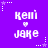 Purple background with repeated white pixelated text 'kemi' above a heart symbol and 'jake' below, surrounded by small star shapes.