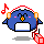 Blue pixelated bird wearing red headphones with orange earcups, holding a pink cube-shaped object; musical note appears and disappears in different frames.