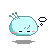 Pixelated light blue character with teal accents, pink cheeks, and small antennae, shown in multiple expressions including thought bubbles and sleep states.
