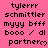 Pixelated text and symbols on a pink background with repeated 'tylerrr schmittler myyy bfff booo / dl partner' lines and heart icons.