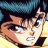 Pixelated anime-style character with blue hair and brown skin, side profile facing right, against black background with white text.