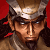 Pixelated close-up of a character with brown hair, dark eyes, and a stern expression wearing a white headband against red background.