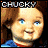 A 48x48 pixel animated contact sheet showing three frames of a Chucky doll character with visible text labels, arranged in a 2x2 grid with one empty cell.