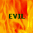 Flames in orange and yellow hues fill the background with three instances of the word EVIL in dark green block letters positioned across the image.