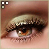 A close-up of a human eye with long dark lashes, light brown iris, and green eyeshadow, showing subtle variations in eyelid position across four