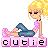 A 4x3 contact sheet of a pixel art animation featuring a blonde cartoon girl in various poses, with the text "cutie" displayed below her on pink blocks.