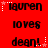 Red background with repeating black text 'lauren', 'loves', and 'dean!' in pixelated font, each line accompanied by white star or dot patterns.