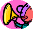 Animated contact sheet showing a cartoon character with pink skin and green hair blowing into a yellow megaphone that transforms into an eye-like shape, set against a solid pink circular background on gray transparency.