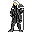 Pixelated figure in dark coat with white accents, yellow hair or headpiece, standing against gray background.