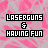 Pixelated text 'LASERGUNS & HAVING FUN' on pink and gray background with red dot changes across frames.