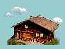 Animated contact sheet showing seven sequential frames of a pixel-art house with moving clouds against a light blue background.