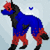 Pixelated cartoon wolf in blue and red outfit with red flower on head, standing against light blue background with floating blue hearts.