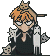 Pixel art character with orange hair and glasses, wearing black shirt with white collar, two cats on shoulders, one cat on head; left side shows calm pose, right side has red exclamation marks near head.