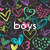 A static image of a repeating pattern featuring colorful heart shapes and the word 'boys' in white text on a dark background.