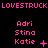 Pixelated pink text and symbols on black background with three of names changing across frames