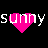 Pixelated pink heart icons with white text and symbols on black background, featuring 'Sunny', '&', 'Corey', and date '1/8/05' in retro digital style.