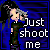 A 4x3 contact sheet of a pixel art animation featuring a character with long black hair and gray streaks, wearing a dark outfit against a blue background, repeating the phrase "Just shoot me" in white text across all frames.