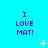 Blue background with repeated 'I LOVE MAT!' text and scattered white pixel stars in a