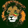 Pixelated static icon of a lion's face with rainbow-colored eye stripe on dark green background, rendered in low-resolution mosaic style.