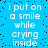 Blue background with white pixelated text repeating 'i put on a smile while crying inside' in four identical vertical sections, scattered black dots throughout.