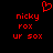 Red pixelated text and a heart symbol on a black background, with identical left and right sections displaying 'nicky', 'fox', and 'ur sox' in a