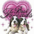Pixelated image of two dogs with pink heart-shaped hair, surrounded by small stars on a white background, next to blue text names on light blue.