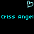 Pixelated cyan heart symbol above repeated text reading 'Criss Angel Criss Angel' on black background.