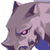 Pixelated static image of a stylized animal character's face with pink eyes and purple-gray fur, cropped to show only the head against a white background.