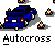 Blue sedan car with red taillights and white license plate, surrounded by small orange-and-brown flame icons on gray background; text "Autocross" below each car.
