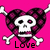 Pixelated icon with pink background, heart-shaped skull and crossbones in purple and black, white bones, 'Love' text at bottom.
