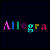 Pixelated text 'Allegra' in multicolored letters on a dark background, each character rendered with distinct color blocks.