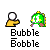 Animated pixel art of a green character with yellow accents and white face, interacting with blue and cyan bubbles while a yellow figure holds a white sphere.
