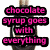 Chocolate syrup bottle with pink text overlay reading 'chocolate syrup goes with everything' on a white background.