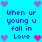 Pixelated blue background with repeated text and heart symbols in purple and pink.