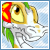 A pixelated dragon head with red and green accents against a light blue sky background, displaying changing text below it.