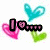 Animated icon with four heart shapes in pink, cyan, and green surrounding a black 'I' followed by a pixelated heart symbol on white background.