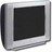 Static pixelated image of a silver and black CRT monitor with dark screen, angled slightly right on white background.