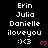Pixelated text and symbols on black background with pink heart animations, showing names Erin Julia Danielle iloveyou :)<3 in repeated