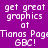 Purple background with white pixelated text reading 'get great graphics at Tionas Page GBC!' and purple highlight bars shifting across the text.